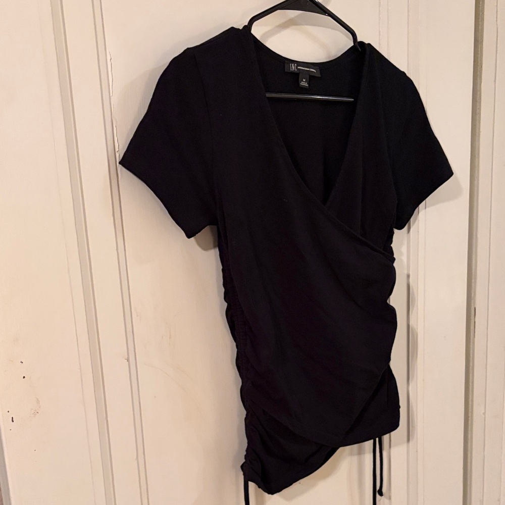 INC International Concepts Black Short-Sleeve Ruched Wrap Tee